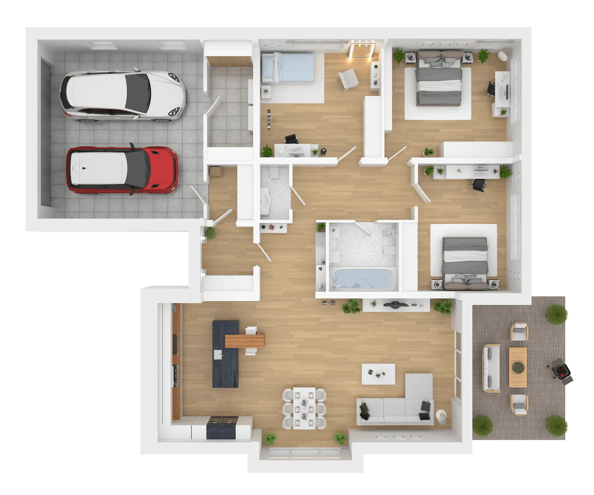 An overhead view of a larger home's floor plan, illustrating Wi-Fi mesh network coverage across the entire home, with 3 Wi-Fi devices around the home.