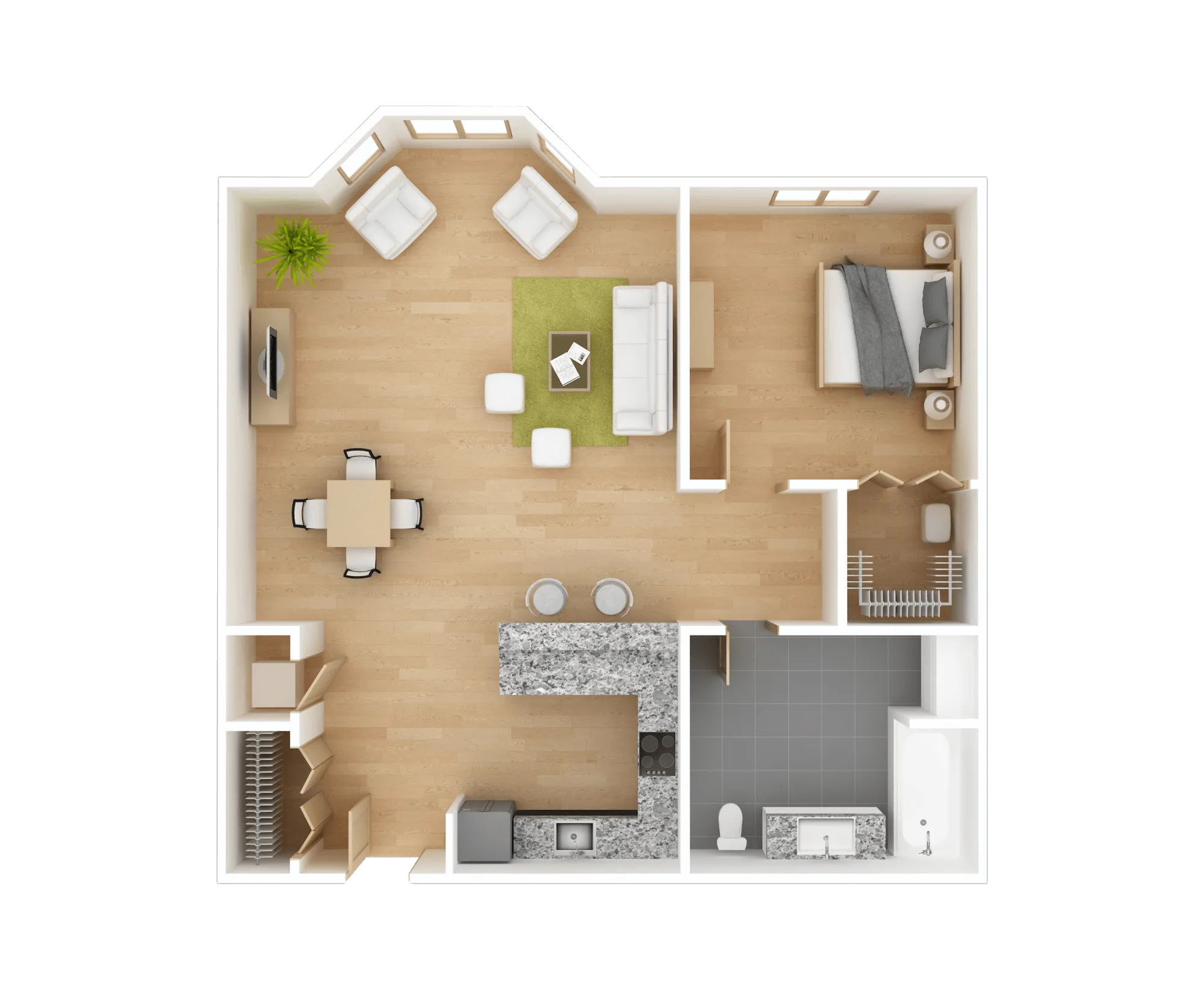 An overhead view of a smaller home's floor plan, illustrating Wi-Fi mesh network coverage across the entire home, with one Wi-Fi device in the center.